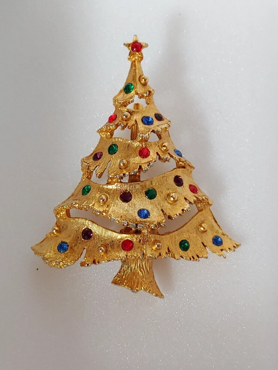 Christmas Tree JJ Brooch Vintage Pin Jonette Jewelry Gold Tone Rhinestone SIGNED