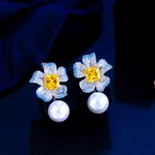 Chic Silver Plated CZ Turquoise Flower Yellow Square Pearl Dangle Drop Earrings