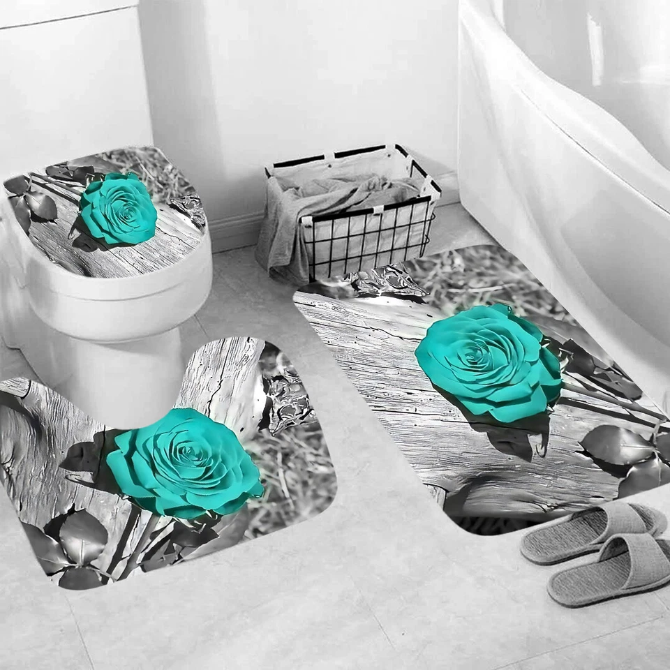 Rose Shower Curtain Rug Set Thick Bath Mat Non-Slip Bathroom Toilet Lid Cover - Image 2 of 4