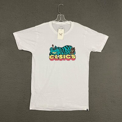 CLSICS T-Shirt Mens Medium White Graphic Cotton Skater Psychedelic Cat Casual