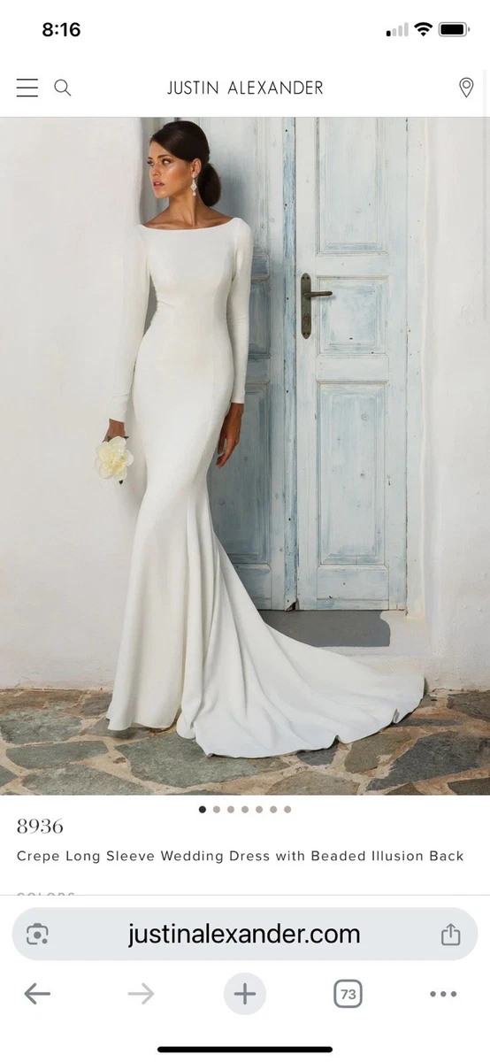 crepe long sleeve wedding dress with beaded illusion back Illusion Sleeved Beaded Lace A-line Wedding Dress main image 1