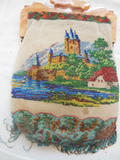 Antique Scenic Beaded Purse - Castle overlooking the River w White Riverbank Cot
