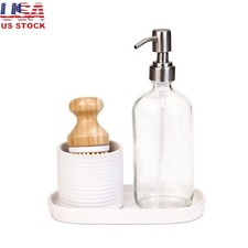 Ceramic Soap Pump  Brush Set 4 Piece Bathroom Kitchen Organizer Clean Solution