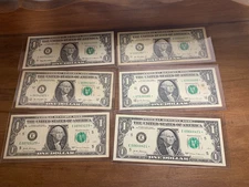 Lot of 6 circulated $1 One Dollar Bill Star Notes 1999, 2013, & 2017
