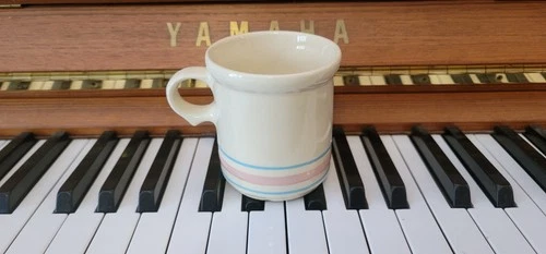 6 McCoy Pottery Blue Pink Stripe Vintage 3.5" Coffee Mugs  1970's USA