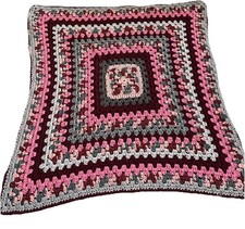 Handmade Crochet Baby Blanket 34x34 Pink Gray Maroon Afghan Throw