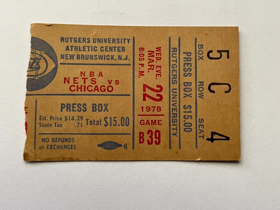 New Jersey Nets 1978 Ticket Stub vs Chicago Bulls NBA - Rutgers University RAC - Image 1 of 2