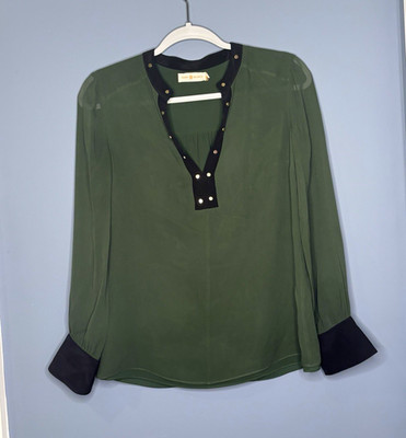 Tory Burch Women s Green Solid V-Neck Long Sleeve Studded Trim Blouse Size 2