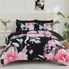 Queen Comforter Set 7 Piece Bed in a Bag Pink Floral Botanical Yogeneg Pattern