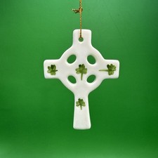 Porcelain Celtic Cross Irish Ornament w Painted White  Green Shamrocks Clovers