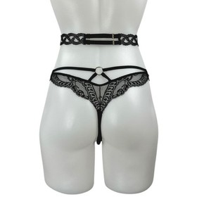 Aubade Women's Black Lace Strappy Crotchless Garter Belt Thong Underwear Panty S