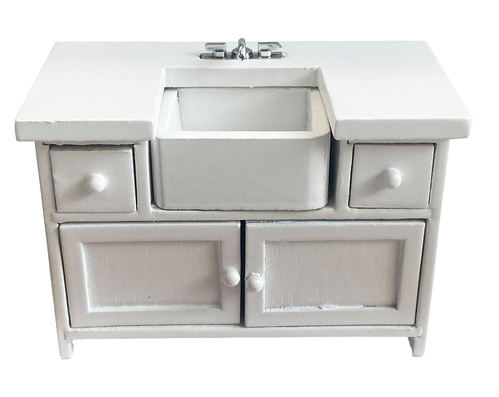 Dolls House White Wooden Modern Belfast Sink Unit Miniature Kitchen Furniture