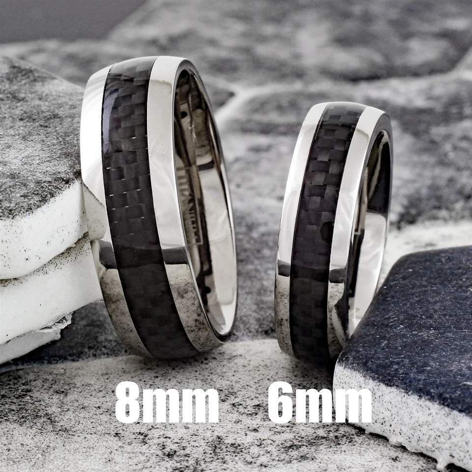 Anillo de alianza de boda de titanio negro a rayas de fibra de carbono ajuste cómodo para hombre talla 5-13 Foto 2 de 4