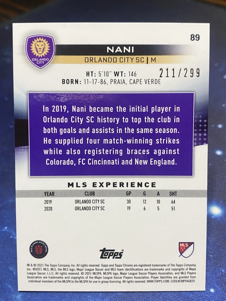 2021 Topps Chrome MLS - Nani #89 Aqua Refractor /299 - Image 2 of 2