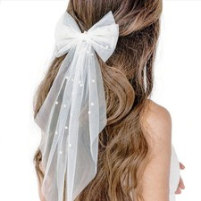 Bridal Veil White Bow Hair Wedding Elegant Tulle Layer Bachelorette Party