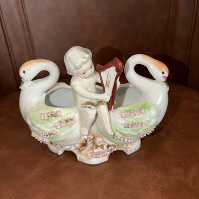 Vintage Swan  cherub double Planter Roses Leaves Gold Accents Victorian style 