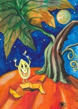 ACEO PRINT OF PAINTING RYTA HALLOWEEN BAD SEED PUMPKIN VINTAGE Style Whimsical