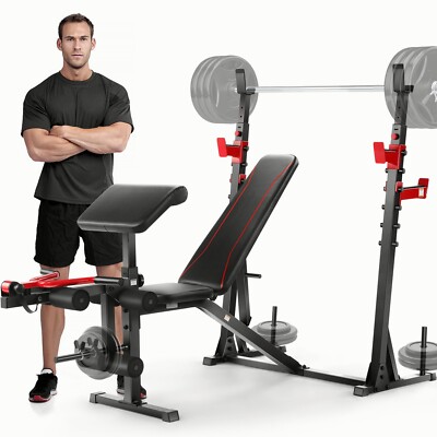 Adjustable Olympic Weight Bench Set 900LBS Workout Bench Press with Squat Rack