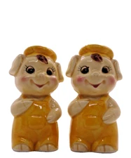 Salt & Pepper Set Pigs Wearing Bib Over halls and a Cap Anthropomorphic