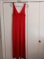 Vtg Vanity Fair Red Opaque  Small Deep Plunge Long Sweep Nylon Night Gown USA