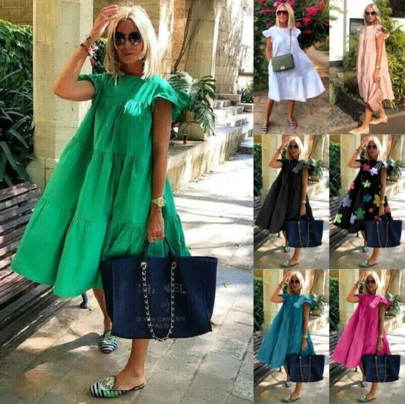 knee length dresses for ladies 100% Linen Loose Fit Button Waist Gathered Maxi Dress LUNA  LINTICO-UK