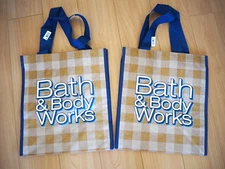 Bath & Body Works Gingham Blue / Brown 2 pc Set Reusable Shopping Gift Bag NWT