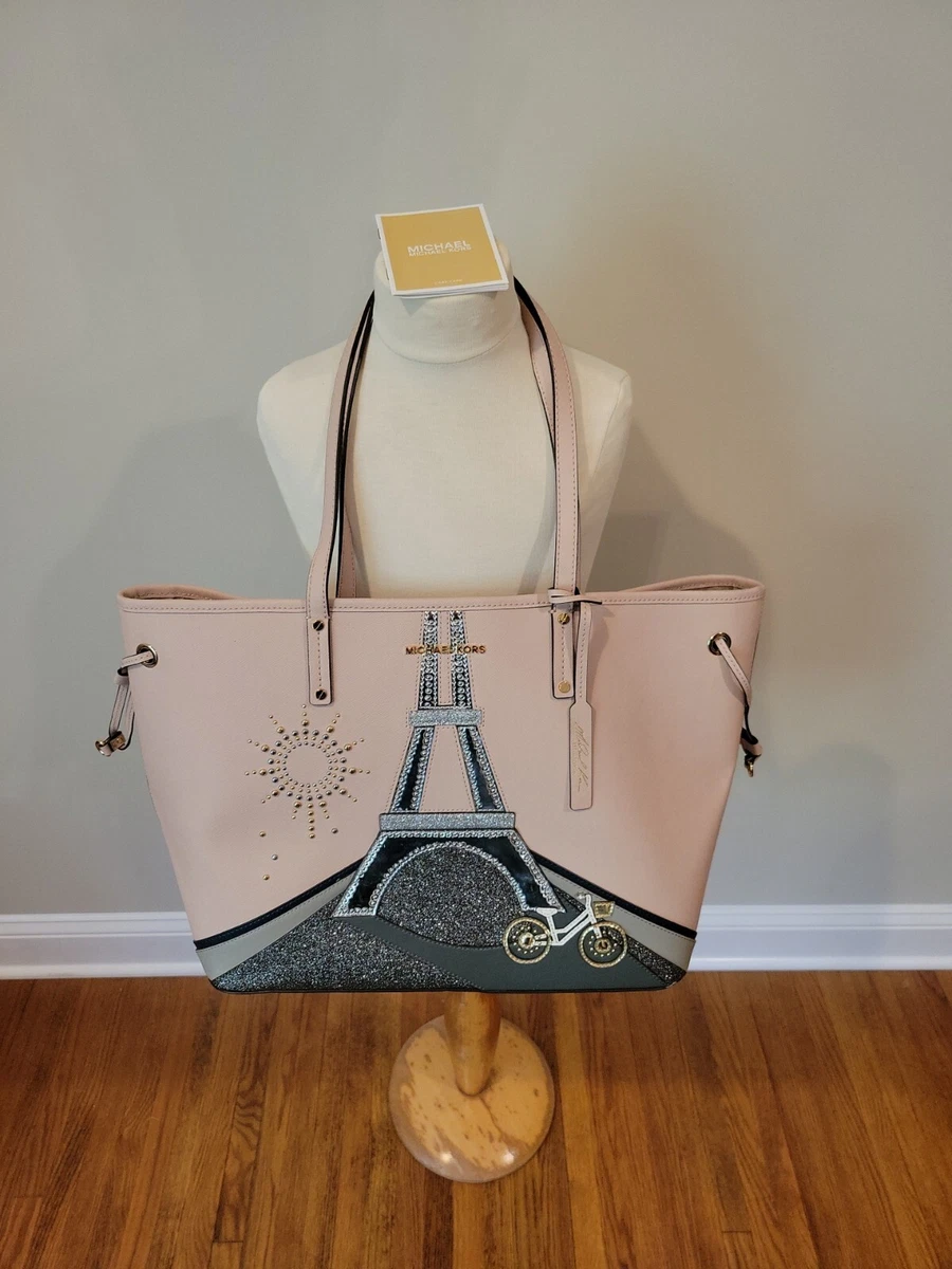 Michael Kors Large Tote Jet Set Nouveau Novelty Eiffel Tower Paris Pink  Rare