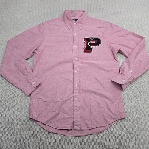 Ralph Lauren Shirt Mens Medium Pink Oxford Varsity Button Letterman Polo Patch