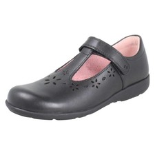 Girls Startrite Charlotte Flower Black Leather T-Bar School Shoes