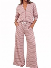 Fisoew Womens 2 Piece Lounge Set Striped Cardigan Pant Sets Travel Outfits