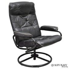 Vintage Black Leather Ekornes Stressless Style Swivel Recliner Lounge Chair