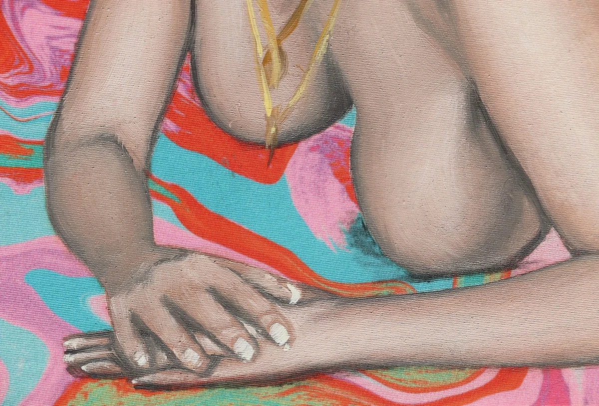 An Original Oil Painting of a Woman Posing against a Psychedelic Background.