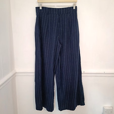 TU Womens Trousers Blue Size UK 10 Linen Mix Striped Wide Leg Nautical High Rise