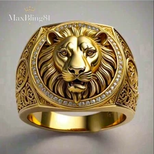 Men's Iced Lion Head Pinky Hip Hop Style Ring 18K Gold Plated Bling CZ Size 8~12