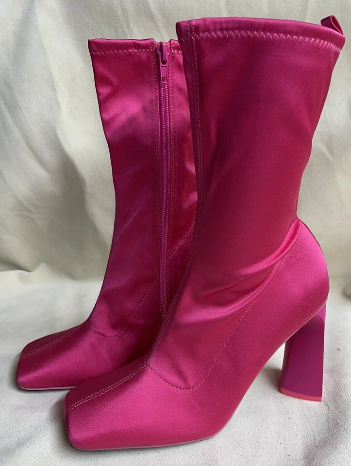 Bota Rosa Satén Talla 6.5 Tacón Alto Botines Zapatos Puntera Cuadrada Cremallera Lateral Nuevo Foto 2 de 4