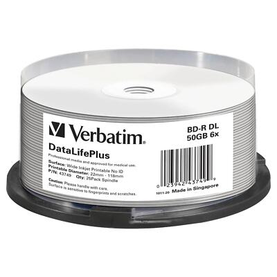 1x25 Verbatim BD-R Blu-Ray 50GB 6x Speed printable Cakebox DVD Blu-ray 12cm