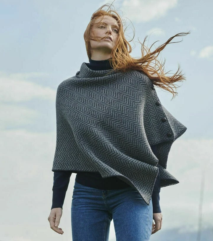 Herringbone Poncho Shoulder Buttoned Merino Wool One Size Warm Comfy Blue Soft