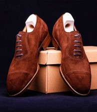 Handcrafted Men's Genuine Brown Suede Oxford Toe cap Lace up Dress Shoes