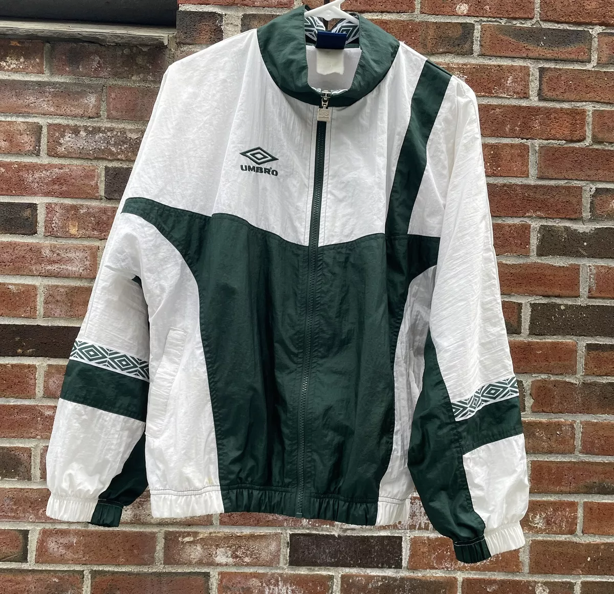 VINTAGE UMBRO 1990s ZIP JACKET SOCCER COAT WINDBREAKER GREEN WHITE