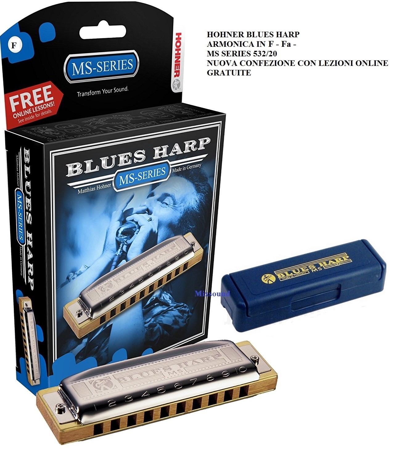 HOHNER BLUES HARP ARMONICA IN F FA MS SERIES 532/20 Box con LEZIONI ONLINE FREE
