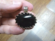 J-44) Black onyx gemstone slide wavy trimmed oval sterling silver PENDANT Taxco