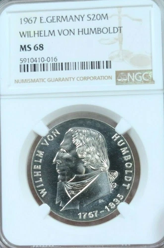 1967 EAST GERMANY SILVER 20 MARK WILHELM VON HUMBOLDT NGC MS 68 TOP POP 1