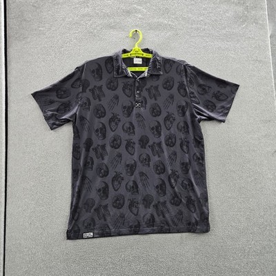 Dixxon Men Polo 2XL Gray Graphic Skulls Activewear Love Kills Party Short Sleeve