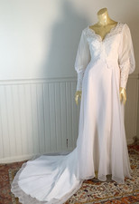 Vintage 1970s Alfre Angelo Lace Sheer Bishop Sleeve Prairie Wedding Gown Train