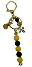 Bee Keychain Purse Charm Yellow Black Beaded Tassel Daisy Flower Bag Charm Gold