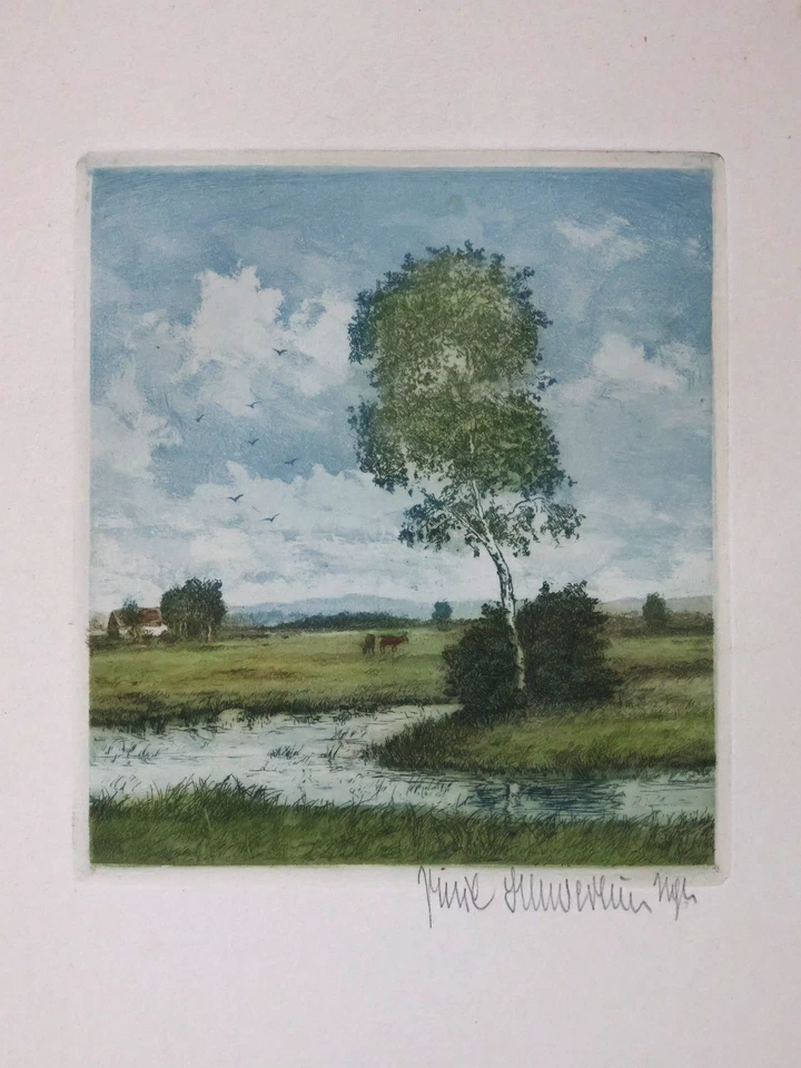 Paul Schwerdtner Farbradierung Landschaft mit Gewässer (638)