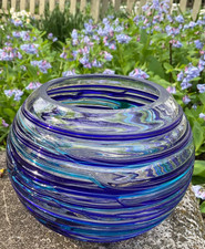 Art Glass Vase Hand Blown Clear Round Blue/Teal Swirls 6 Wedding New Home Gifts