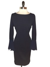 CALVIN KLEIN Size 14 Sheath Dress Navy Blue Knee Length Stretch Knit Long Sleeve