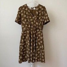 VTG Chaus Dainty Prairie Academia Floral Faux Wrap Fit Flare Dress 14 Brown