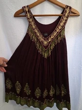 Womans Bohemian Maroon Tank Top Embroidered Hippie Boho Free Spirit Festival 